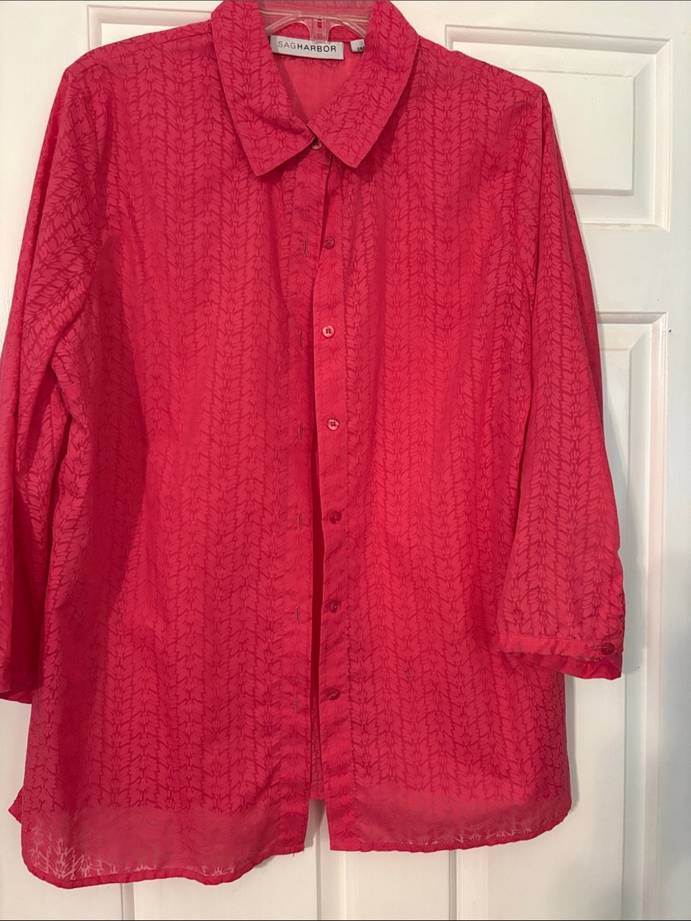 Sag Harbor Sheer Button-Front Blouse in Bright Coral-Red